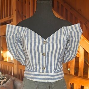 Topshop Blue and White Fitted Puff Sleeve Blouse